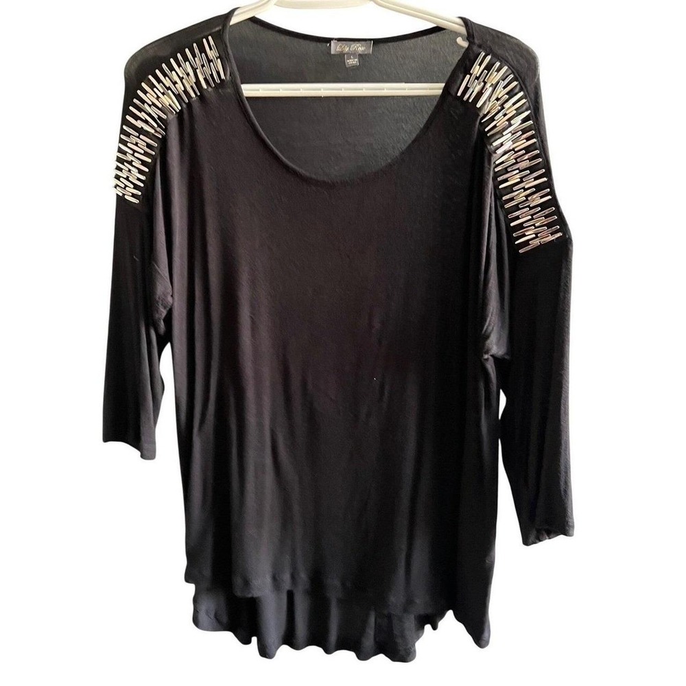 Lily Rose Womens Black Beaded Shoulder Scoop Neck 3/4 Sleeve High Low Blouse L